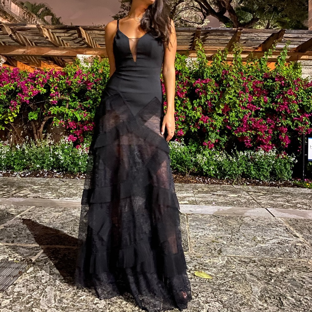 BCBG Max Azria Black Size 4 lace dress gown Sexy long deep plunge v neck